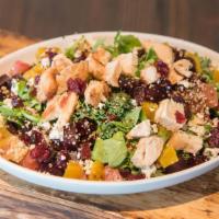 hollywood bowl · kale, arugula, marinated chicken, quinoa, golden beets, dried cranberries, almonds and herbe...