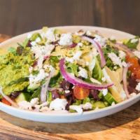 zorra the greek salad · romaine, arugula, tomatoes, cucumber, vegan feta, kalamata olives, red onion, fresh herbs, a...