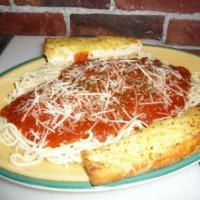 Spaghetti Marinara · Served with garlic bread and a side.