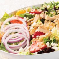 Quinoa Chicken Salad · Greens, grilled chicken, feta, quinoa, red onions, fresh strawberries, Mandarin oranges & ba...