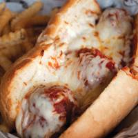 Meatball Parmigiana Sandwich · Meatballs and marinara sauce with mozzarella cheese melted on top.