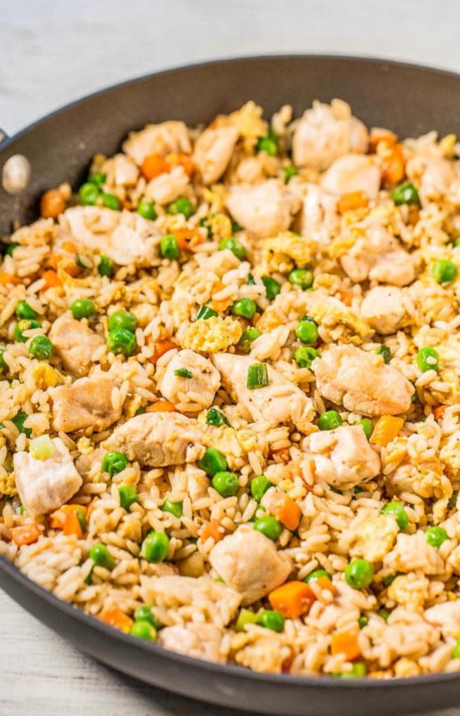 Chicken Fried Rice · Stir-fried rice with peas, corn, string bean, carrot, onion and egg and with chicken. Served with miso soup.