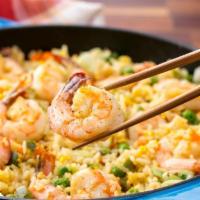 Shrimp Fried Rice · Stir-fried with peas, corn, string bean, carrot, onion, and egg with shrimp