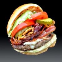 Anchor down Burger · 10 oz sirloin burger, Apple wood smoked bacon, Swiss cheese , saute onions , roasted garlic ...