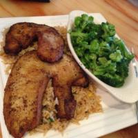 Blackened Tilapia Plate · Served with house fried rice and steamed broccoli.