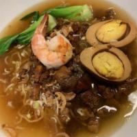 Danzai Noodle Soup · Egg noodle, slow braised pork belly cubes, braised egg, 1pc jumbo shrimp, bok choy, bean spr...
