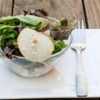 House Salad · Mixed greens, shaved red onion, walnuts, pear and feta in honey mustard dressing.