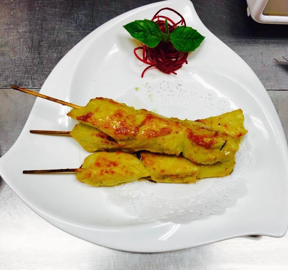 3 Chicken Satay · Marinated chicken on skewers, served with peanut sauce and cucumber vinaigrette.