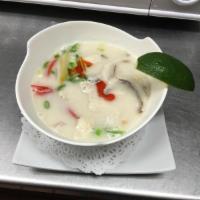 Tom Kha Soup · Galangal aroma broth, chicken, lime leaves, scallion, cilantro bell pepper,onion,and mushroo...