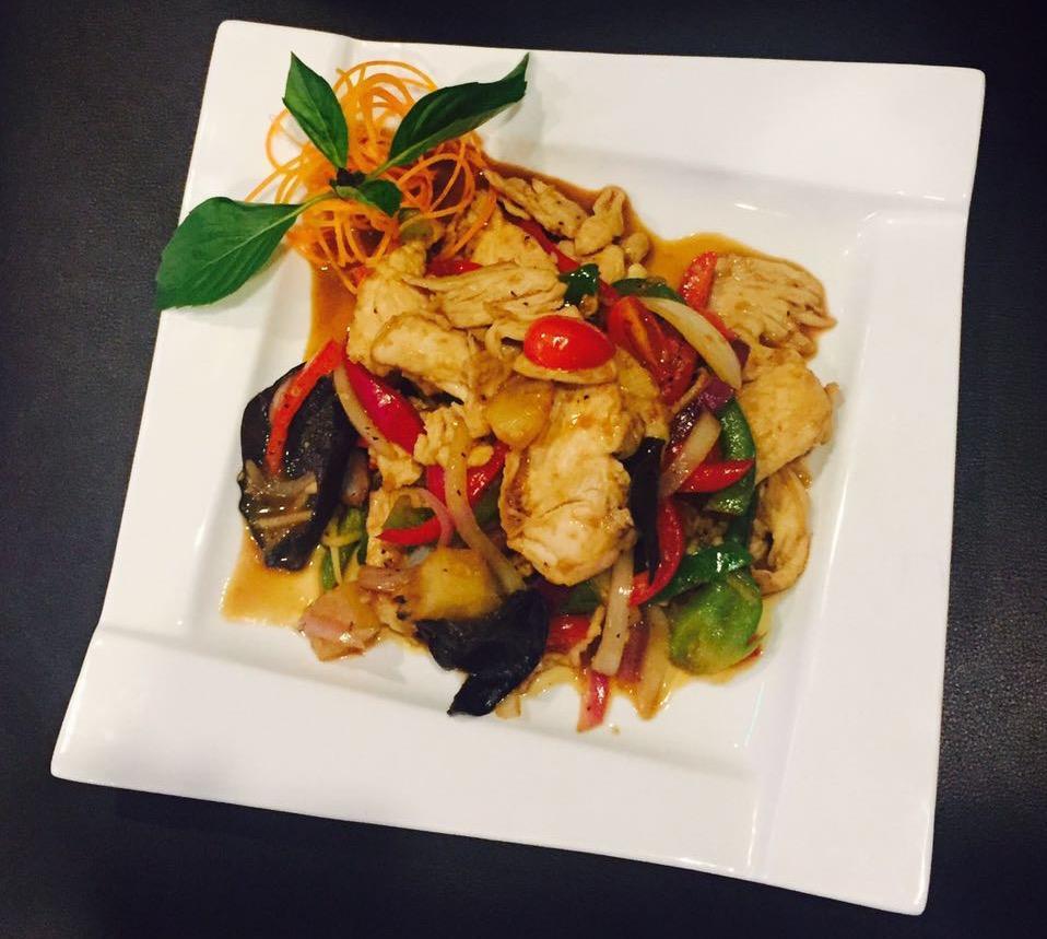 Ginger King · Tree ear mushrooms, cherry tomatoes, onion, bell pepper, pineapple and scallion.