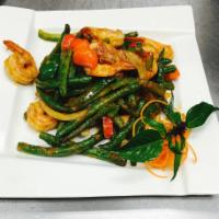 Prik Khing · Long bean, bell pepper, and kaffir lime leaves in prik khing curry paste. Hot and spicy.