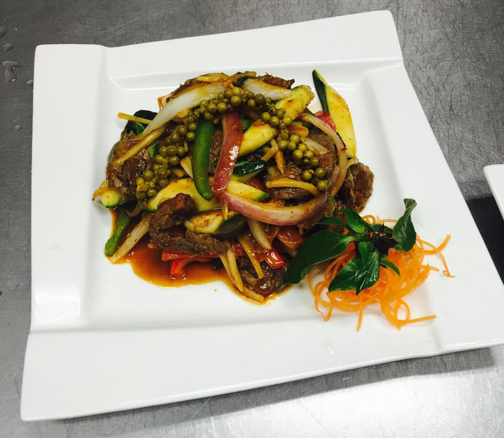 Pad Ped · Bamboo shoot, young peppercorn, bell pepper and Thai aubergine. Hot and spicy.