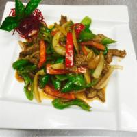 Pad Prik Sod · Long green chili, onion, bell pepper and scallion. Hot and spicy.