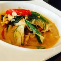 Red Curry · Bell pepper, bamboo shoot, zucchini and basil. Hot and spicy.