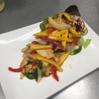 Thai Mango Chicken · Red and green pepper, mango and onions.