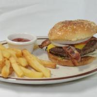 Bacon Cheese Burger · Our most popular basic burger topped with American cheese and thick cut smoked bacon.