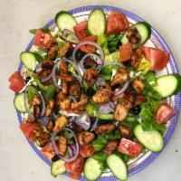 BBQ Grilled Chicken Salad · Lettuce, tomatoes, cucumbers, bell peppers, onions & BBQ chicken.