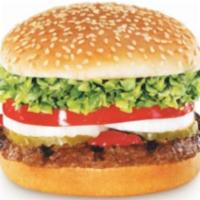 Hamburger · Mayo, thousand island, Lettuce, tomatoes, pickles and onions.