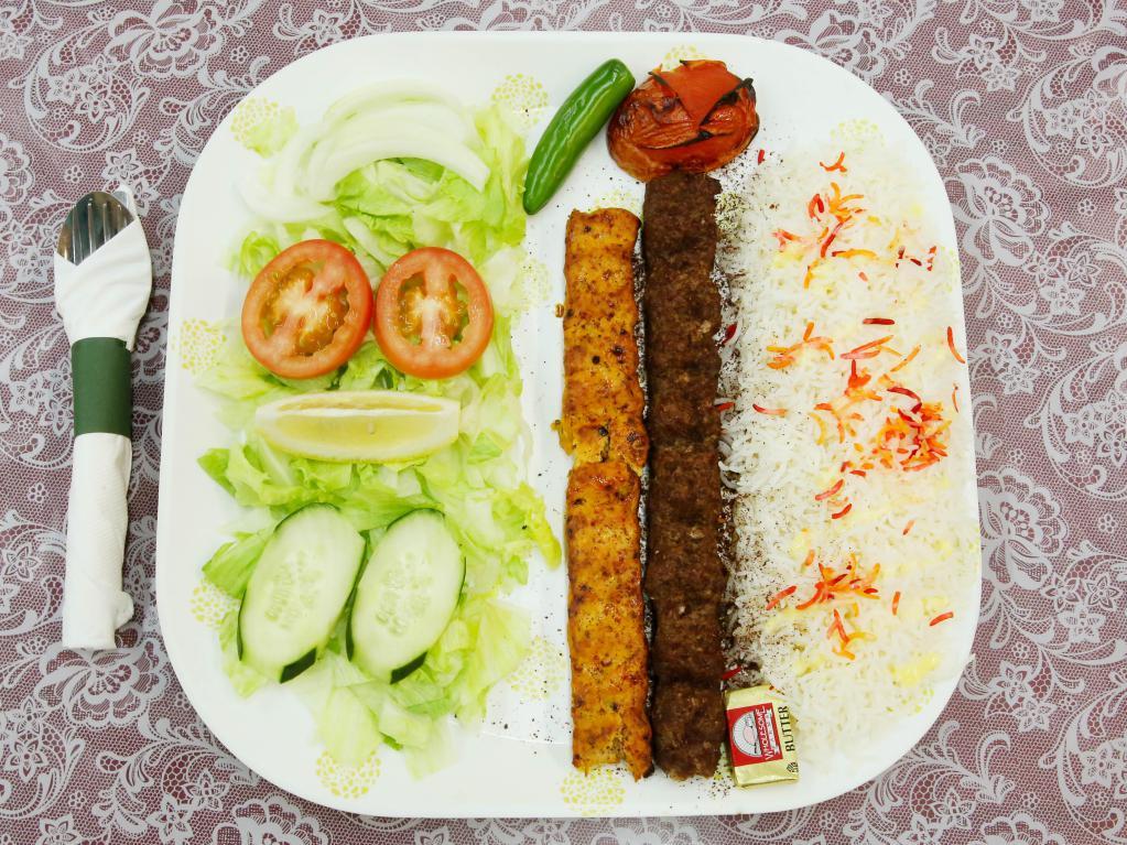 4. Kabab Combo Platter · Ground chicken or beef skewers. Served with rice and salad.
