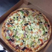 Vegetarian Pizza · Mushrooms, bell peppers, olives, red onions and tomatoes.