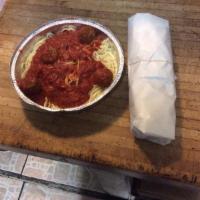 Spaghetti with Meatballs · Spaghetti topped in our homemade meatballs.