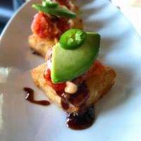 Spicy Tuna on Crispy Rice · 6 pieces of spicy tuna served cold on rice cake with avocado, onion, jalapenos, spicy mayo, ...
