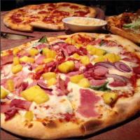 Hawaiian Delight Pizza · Red sauce. Pizza sauce, mozzarella cheese, Canadian bacon, pineapple and extra mozzarella.