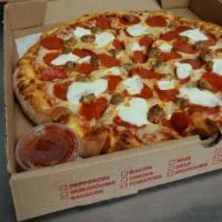 Lasagna Delight Pizza · Pizza sauce, mozzarella cheese, ditalini pasta, meatballs, ricotta cheese, marinara sauce, e...