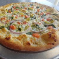 Spinach Delight Pizza · Alfredo sauce, mozzarella cheese, spinach, onions, artichokes, fresh tomatoes, shredded Parm...