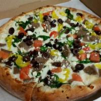 Greek Delight Pizza · Mozzarella cheese, spinach, gyro meat, fresh tomatoes, banana peppers, feta cheese and kalam...