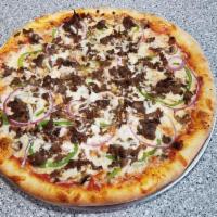Philly Cheesesteak Delight · Pizza sauce, mozzarella cheese, green peppers, onions, mushrooms, philly steak meat and extr...