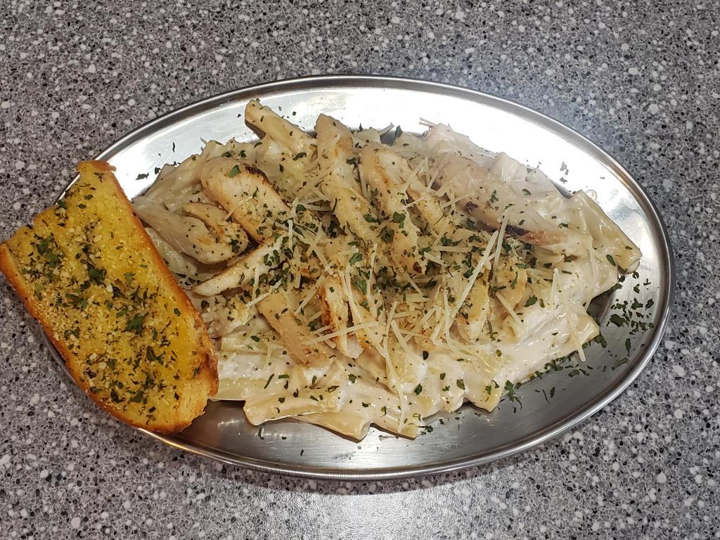 Pasta Alfredo (Limited Supply) · Alfredo sauce, ziti, and shredded Parmesan cheese. Served with garlic bread.