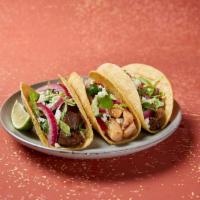 3 Three Amigos Tacos · A soft flour, soft corn, or crispy corn tortilla with cilantro. Protein options include gras...