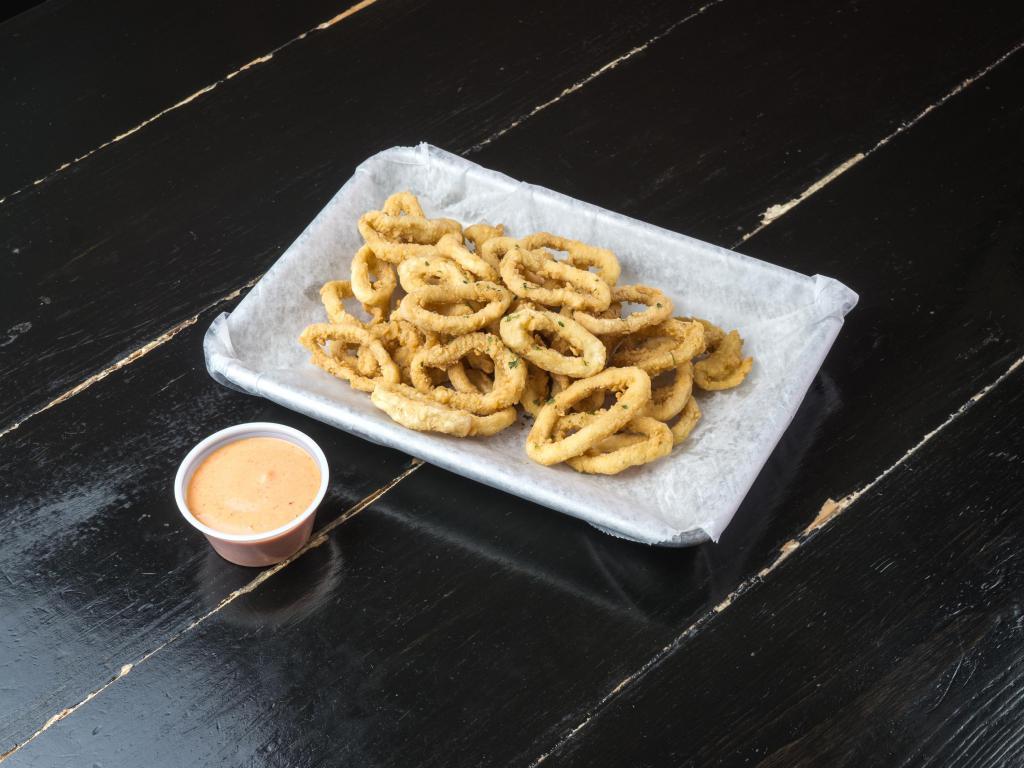 Calamari Fries · Fresh calamari tube cut in house, deep-fried with secret batter. Served with spicy mayo.
