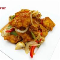 63. Three Flavor Chicken · Deep fried chicken with three flavor sauce with bell peppers and mushroom and topped crispy ...