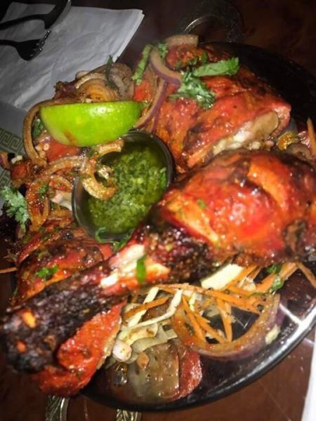 Indian Mixed Grill · Assorted of tandoori chicken, shrimp, chicken tikka, fish tikka and lamb chops served with mint chutney, green salad.