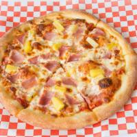 8. Hawaiian Pizza · Ham, Canadian bacon, pineapple, and extra cheese with mozzarella cheese.