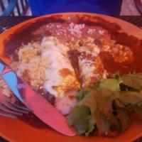 Enchiladas de Mole Dinner · Shredded chicken enchiladas on mole poblano sauce, garnished with sour cream, sesame seed an...
