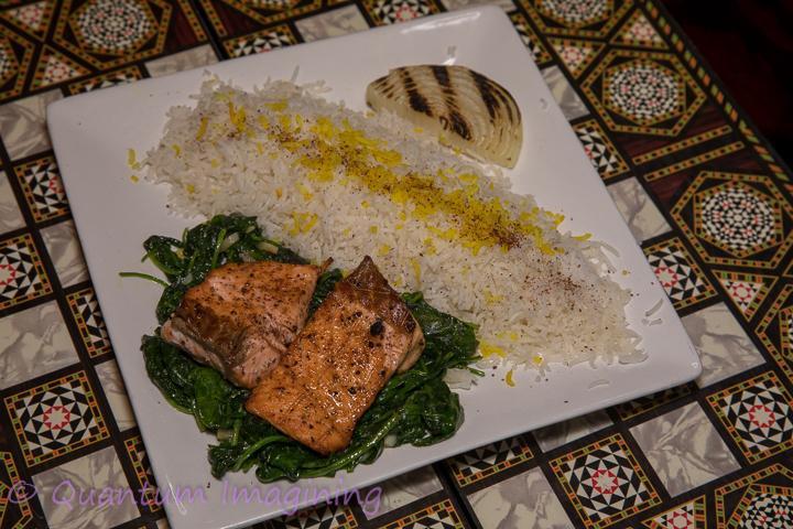 Grilled Salmon · Wild caught salmon grilled to perfection served with basmati rice and salad.