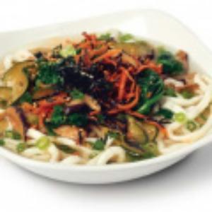 Udon Noodle Soup · Thick white wheat noodles served hot in a savory broth with mushrooms. Topped with nori and scallions.