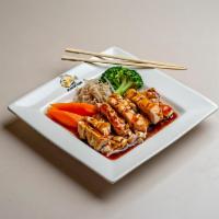 Chicken Teriyaki · Marinated in a delicate teriyaki sauce. Served with choice of side, vegetable garnish and ri...