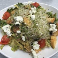 Hippie Salad · Organic mixed greens, lettuce blend, herbed goat cheese, alfalfa sprouts, roasted grape toma...