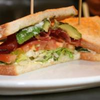BLT and Grilled A Sandwich · Applewood smoked bacon, lettuce blend, tomatoes, grilled avocado, garlic aioli, griddled sou...