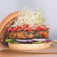 Sprouted Veggie Burger · Vegan veggie, organic mixed greens, red onion, roasted red peppers, alfalfa sprouts Dijon ba...