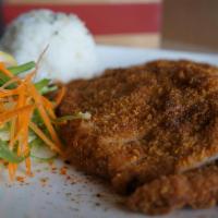 Tonkatsu · Breaded, deep-fried pork cutlet with special sauce. Served with steam rice.