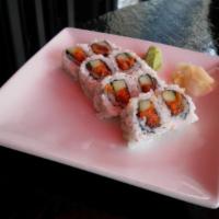 Spicy Salmon Roll · Raw spicy salmon and cucumber.