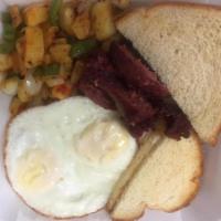2 Eggs w Beef Bacon or Sausage · w/ Home fries, Toast, and Coffee
