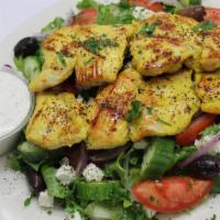 Grilled Chicken Salad · Grilled chicken breast served with Greek salad and side of house tzatziki sauce.