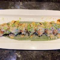 Good Call Roll · Come with shrimp tempura and spicy tuna inside, top with peppered salmon, avocado, jalapeno,...