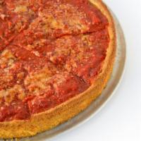 Spicy Sausage Deep Dish Pizza · Spicy Calabrese sausage, cherry peppers, red onion, chili flakes. Spicy!